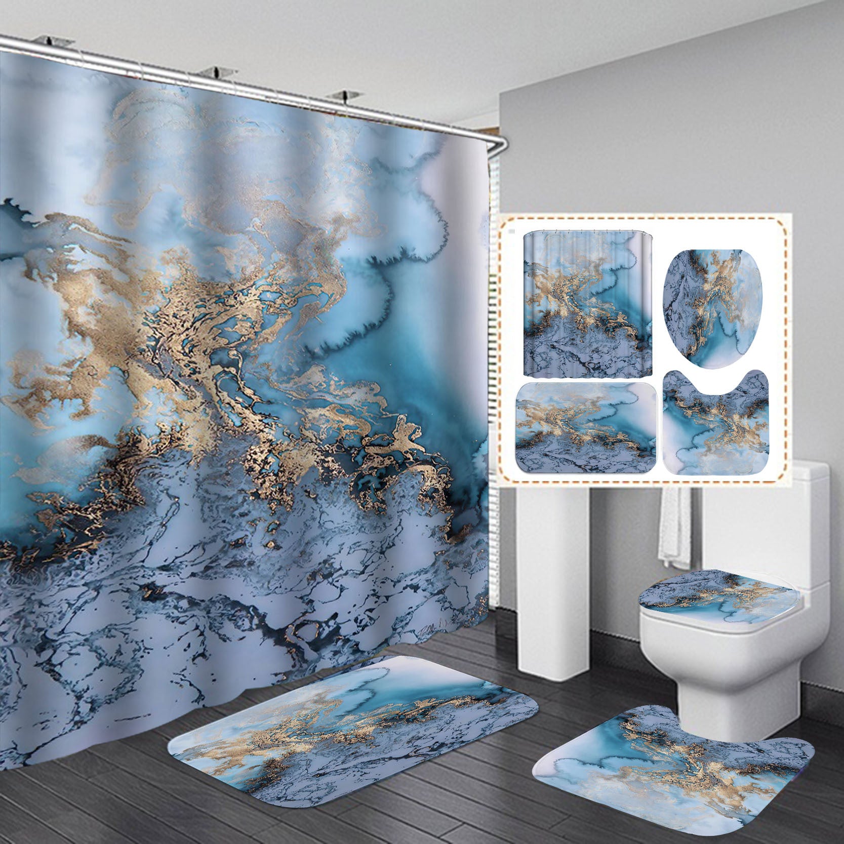 Marble Texture, Printed Polyester, Waterproof Shower Curtain Set - myrelevo