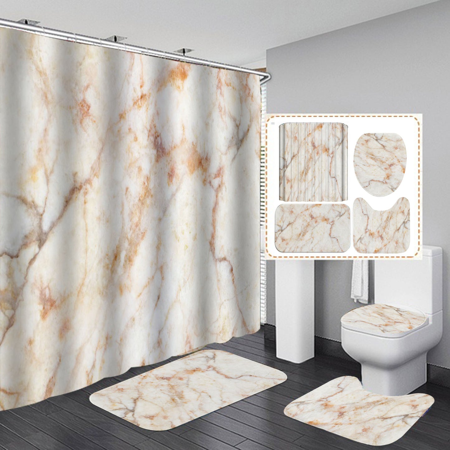 Marble Texture, Printed Polyester, Waterproof Shower Curtain Set - myrelevo