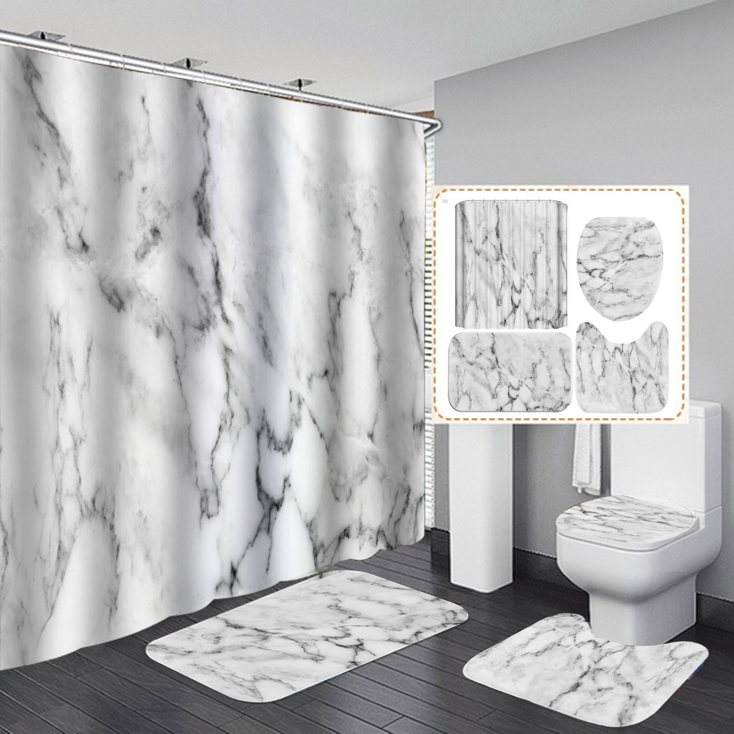 Marble Texture, Printed Polyester, Waterproof Shower Curtain Set - myrelevo