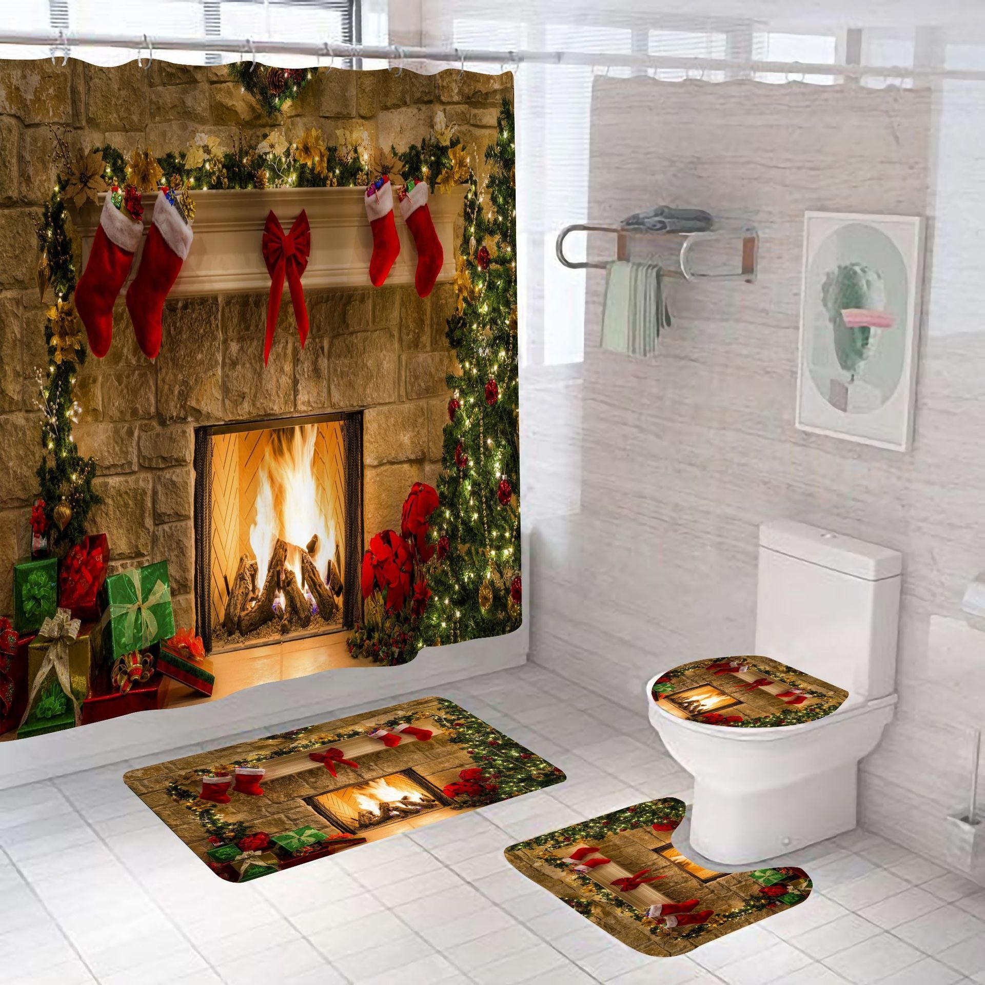 Christmas fireplace shower curtain - myrelevo